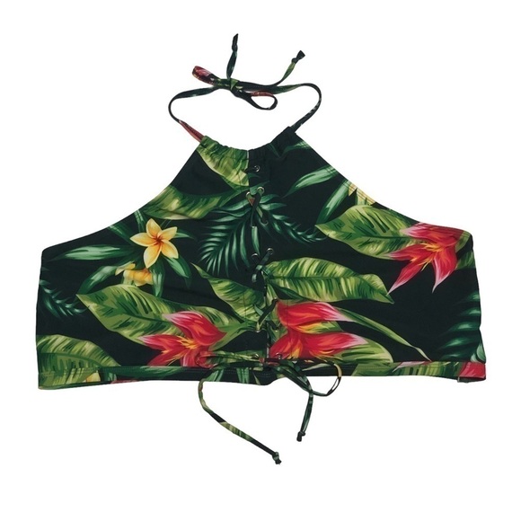 GREEN, Red, Yellow Tropical Floral Print Halter Front Lace-Up Bikini Top Size M - Picture 1 of 2